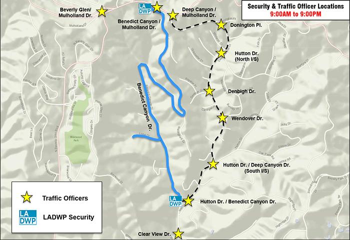 Map of Benedict Canyon reflecting LADWP Security officer and Traffic Officer movements throughout the area between 9am and 9pm.
