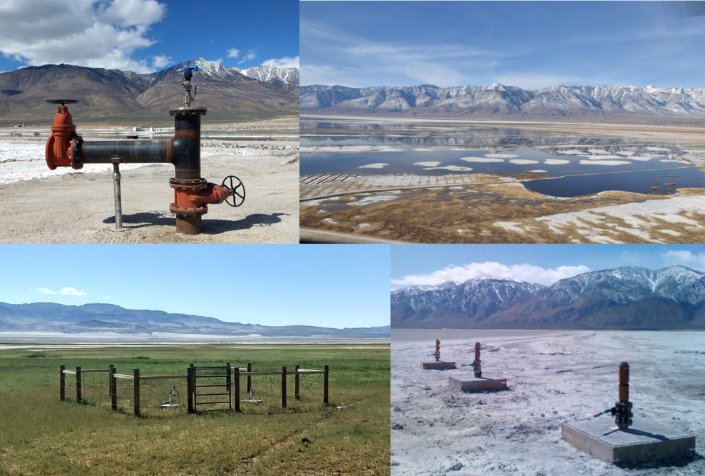 Four photo collage; starting upper left hand corner going clock wise: Pipe valve, Ariel view of Owens Lake with snow capped mountains in back, Sprinkler Heads on concrete bases, grass field with fence.
