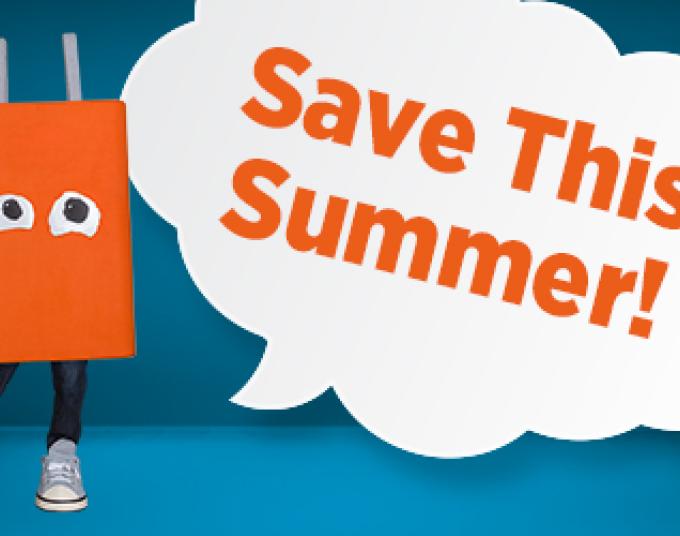 On a dark blue background, there is a rectangle orange plug with eyes and black legs wearing sneakers. He is standing, leaning on the right leg, extending the left leg out so the left foot’s heel is on the ground with that foot flexed up. A talking bubble is next to him that says, “Save This Summer!”