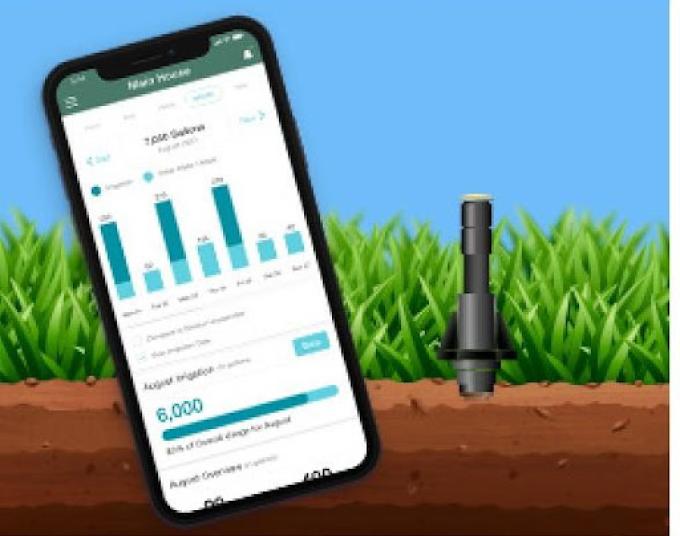 A smartphone shows a house’s irrigation breakdown through the Flume app, against a background of a lawn with a sprinkler. 