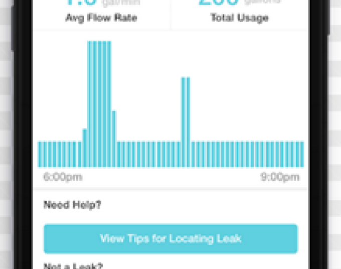 A smartphone shows a Flume Smart Leak alert through the Flume app.