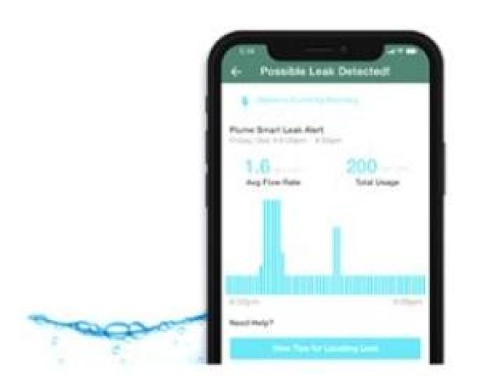 Cell phone screen showing a graph estimating the amount of a water leak.