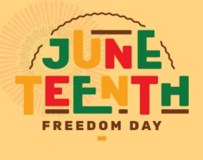 A yellow graphic image with text saying, “Juneteenth, Freedom Day” in green, yellow, red and brown letters.