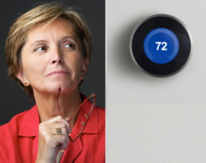 An image of a woman pressing her glasses to her chin is shown beside an image showing a smart thermostat set to 72 degrees.