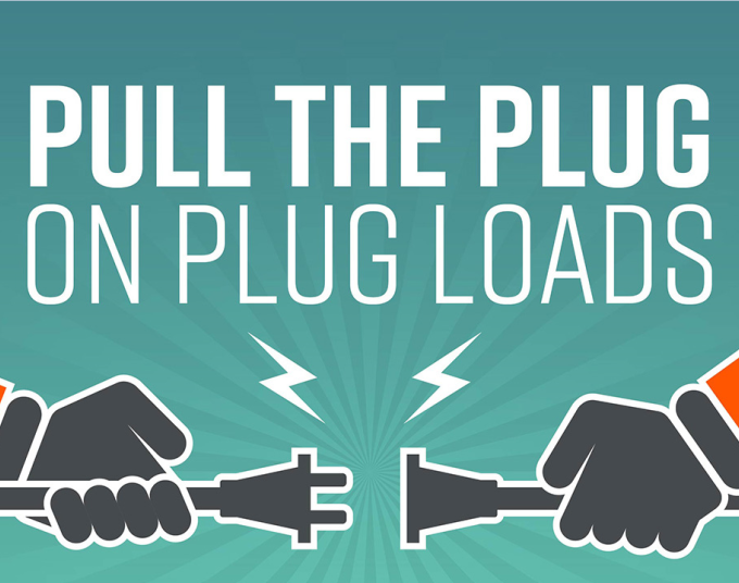 Two hands pull a plug out of an outlet beneath the text: Pull the Plug on Plug Loads.