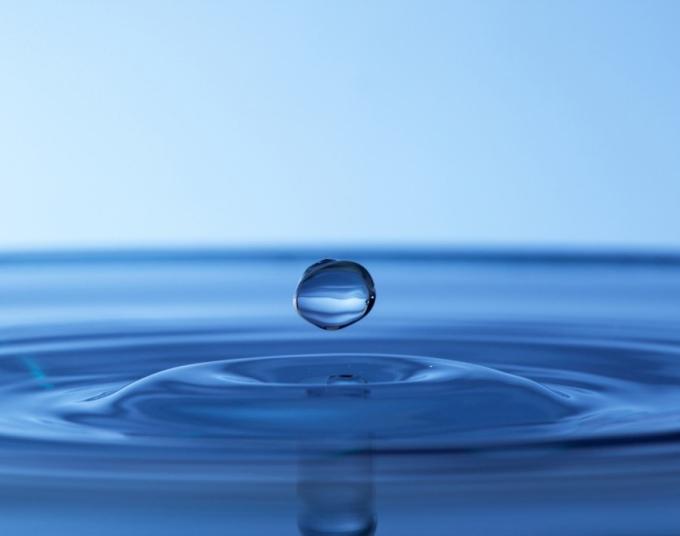 Close-up of a water droplet creating ripples in some water. 