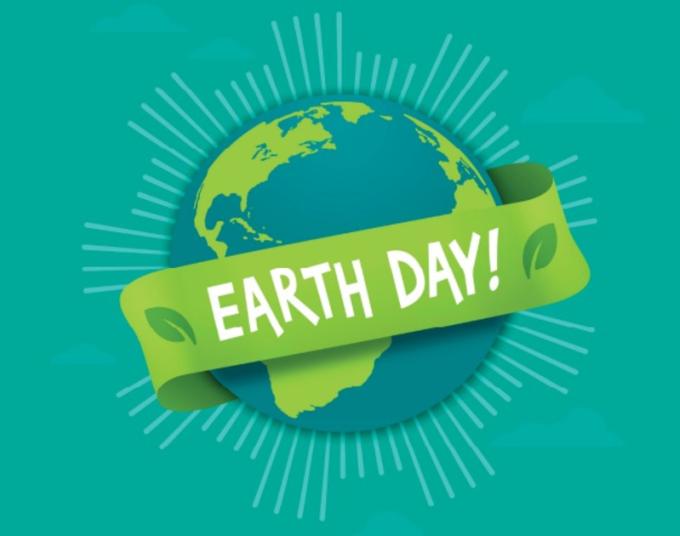 Illustration of Earth with a green banner across it that reads: Earth Day!