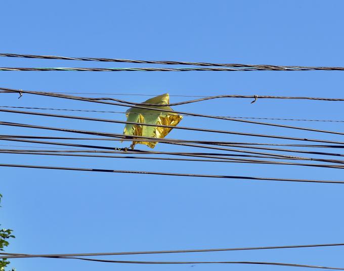 A yellow star mylar balloon caught in power lines