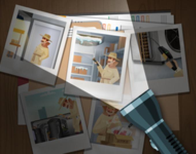 Flashlight illuminates illustrations of polaroids showing someone examining a refrigerator.