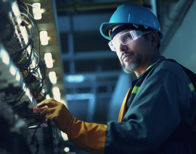 A man wearing a hard hat and safety goggles performs electrical work.
