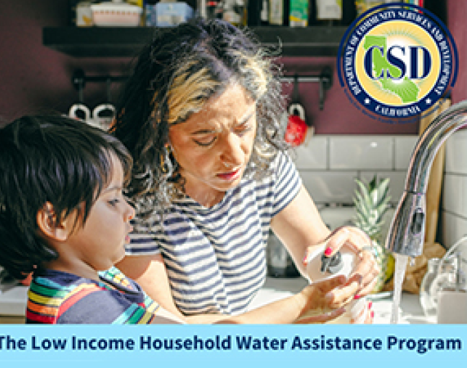 A child and one adult dispense soap to wash hands in a kitchen sink. Text overlay: The Low Income Household Water Assistance Program, Learn more: https://www.csd.ca.gov/waterbill
