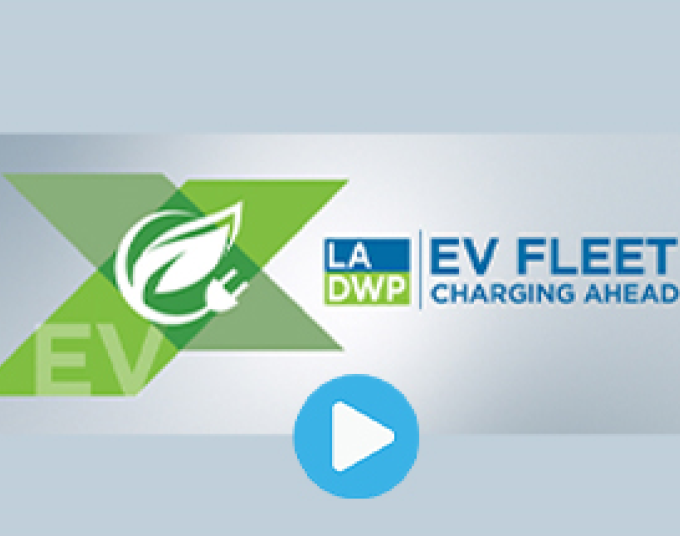 Green X with the wordmark “EV” and a leaf and plug icon. A LADWP logo with the word EV Fleet Charging Ahead