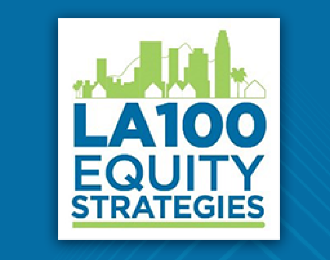 Los Angeles skyline in green on a blue background. Text says: LA100 Equity Strategies. 