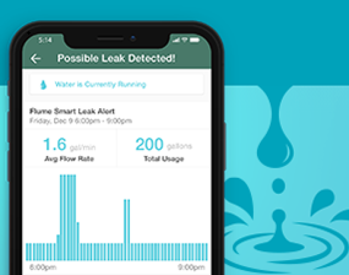 iPhone on the Flume app that says, “Possible Leak Detected! Water is Currently Running. Flume Smart Leak Alert. A blue chart is toward the bottom to display average flow rate and total usage of water. Blue leaking water droplet is to the right side of the phone.