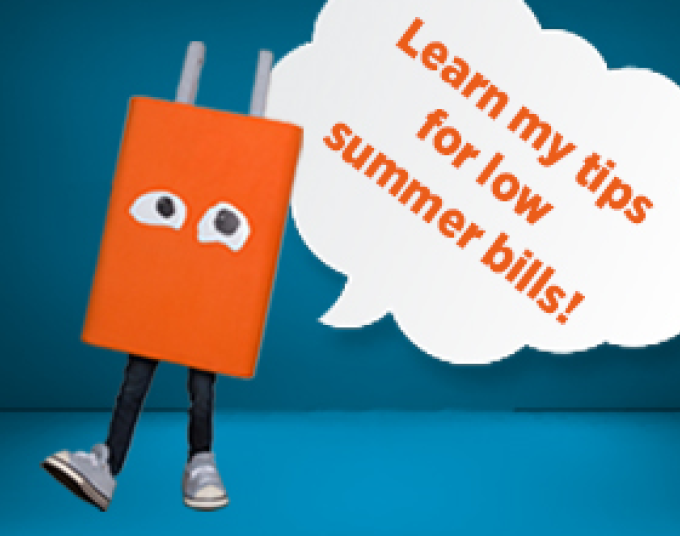 An orange electrical plug - named Plug - with eyes and legs wearing dark jeans and light grey converse. On a blue background, Plug has a white speech bubble where he says, "Learn my tips for low summer bills!