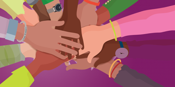 A group of people of different skin tones in a circle who have their hands stacked on top of each other. Background color is purple.